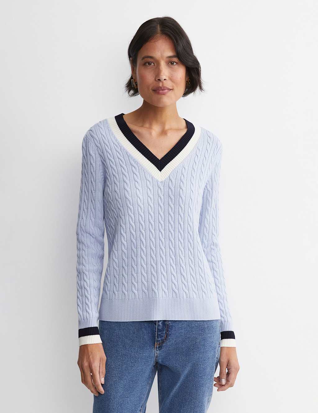 Sportscraft Pure Wool Cable Knit V-Neck Jumper Light Blue Mix