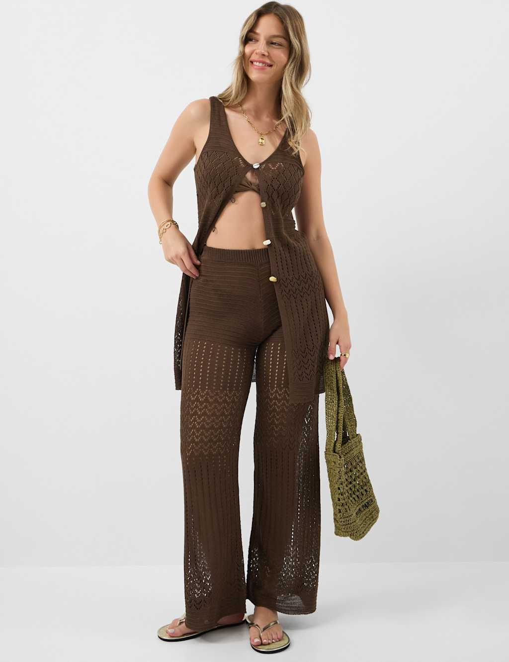 Accessorize Women's Openstitch Button Front Knitted Top - Small - Brown - Available at M&S