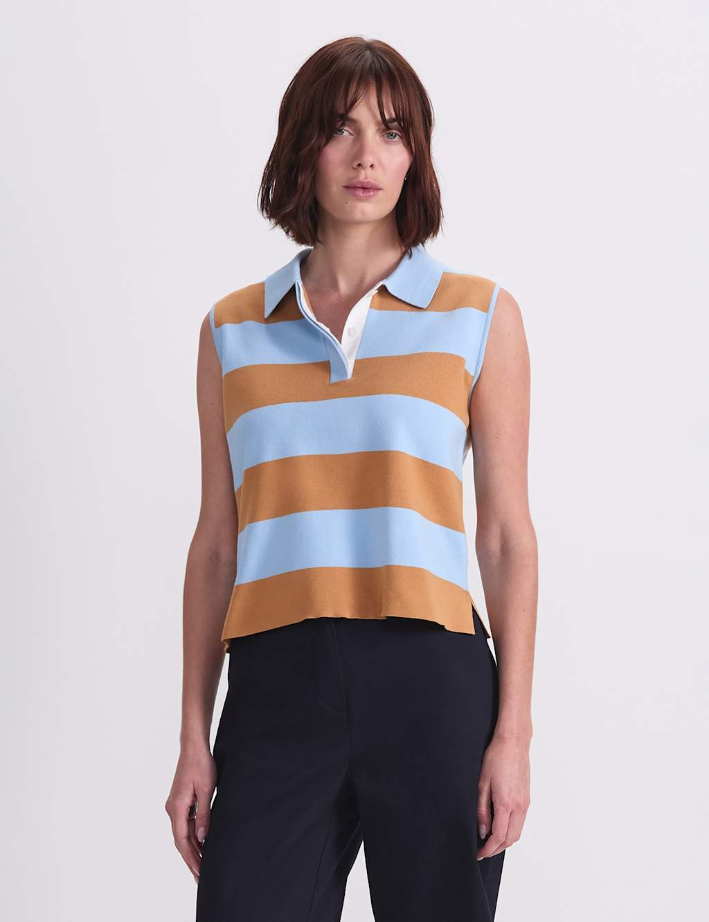 Sportscraft Women's Cotton Rich Striped Polo Tank Top - Small - Blue - Available at M&S