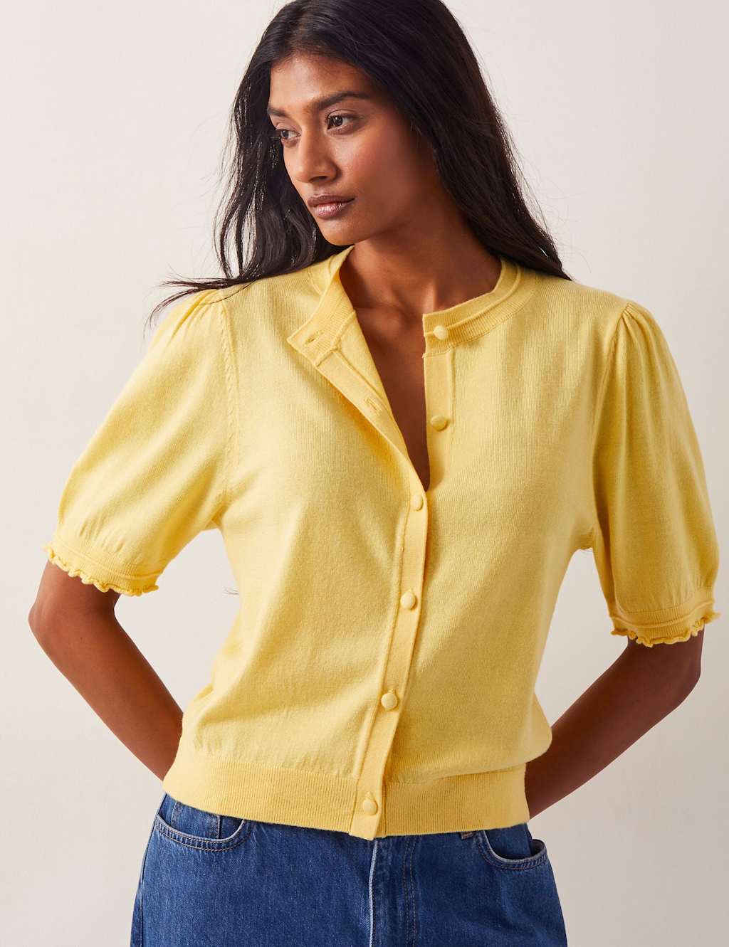 Puff Sleeve Button Through Cardigan with Wool