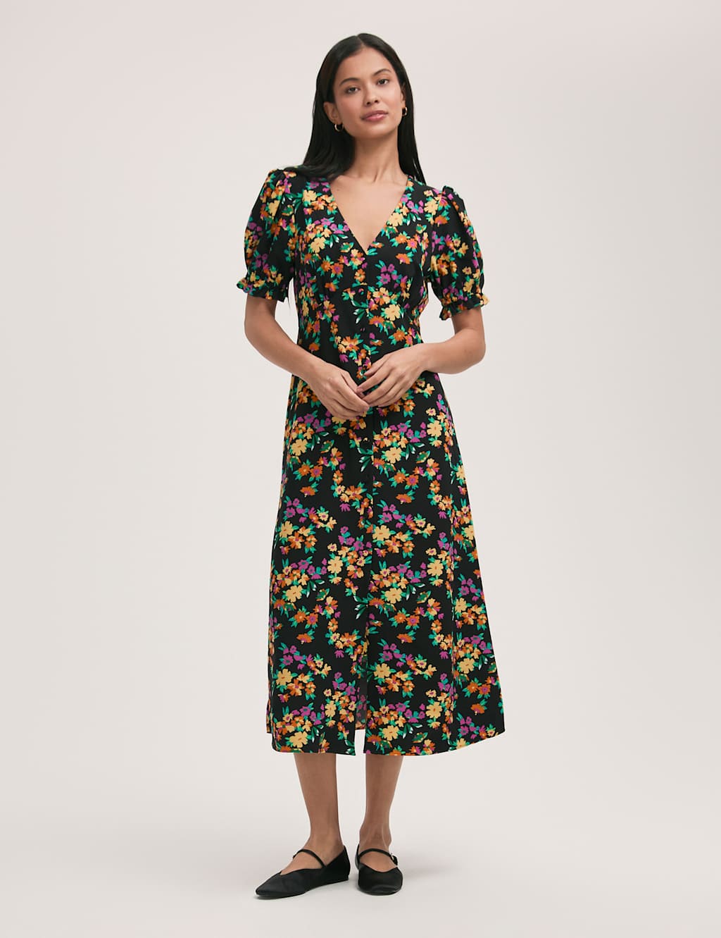 Crepe Floral V-Neck Midi Tea Dress