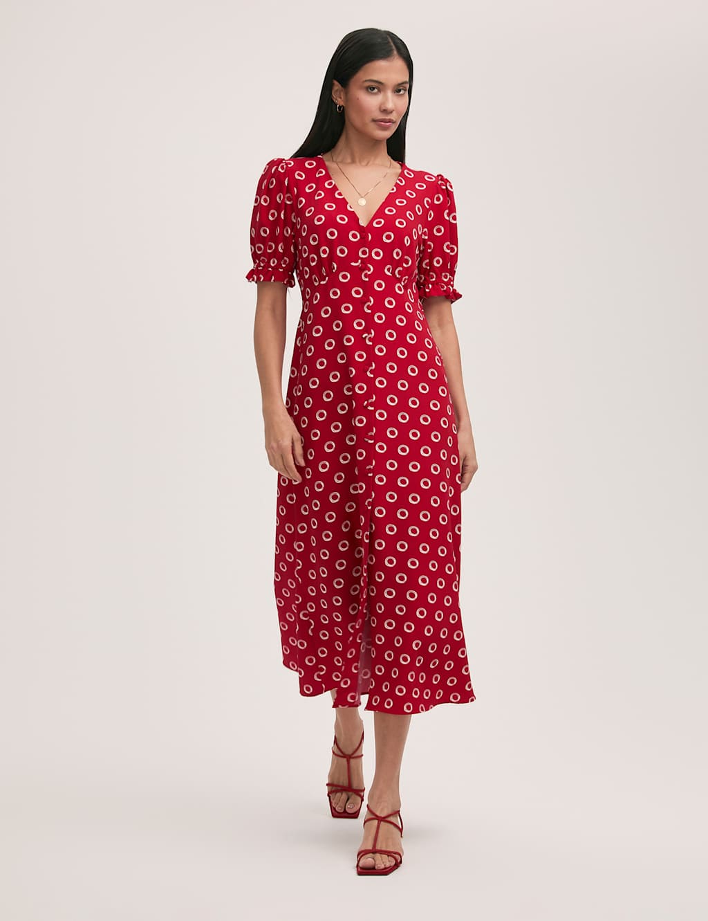 Crepe Polka Dot V-Neck Midi Tea Dress