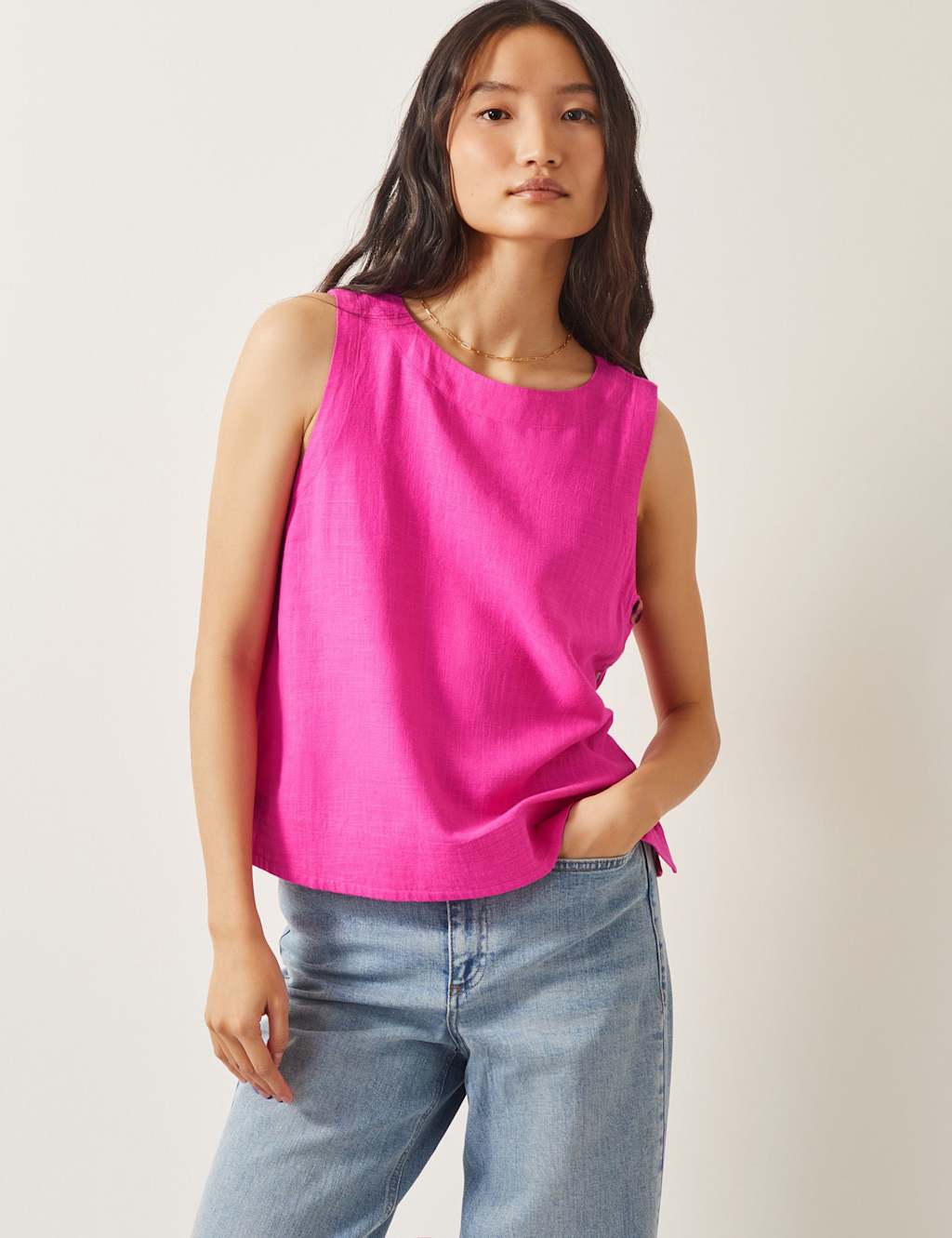 Button Detail Tank Top with Linen