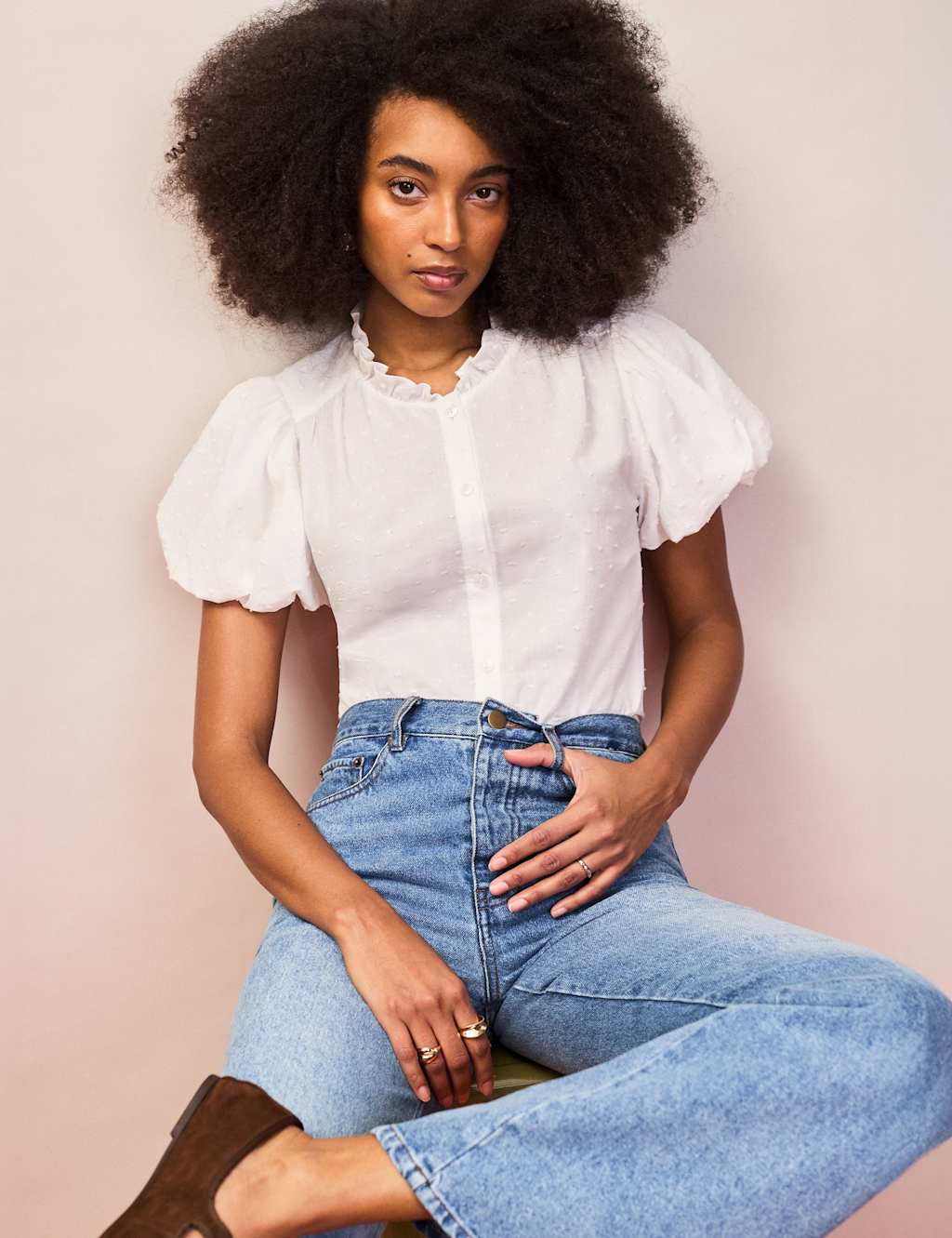 Ro&Zo Women's Pure Cotton Textured Puff Sleeve Shirt - 18 - White - Available at M&S