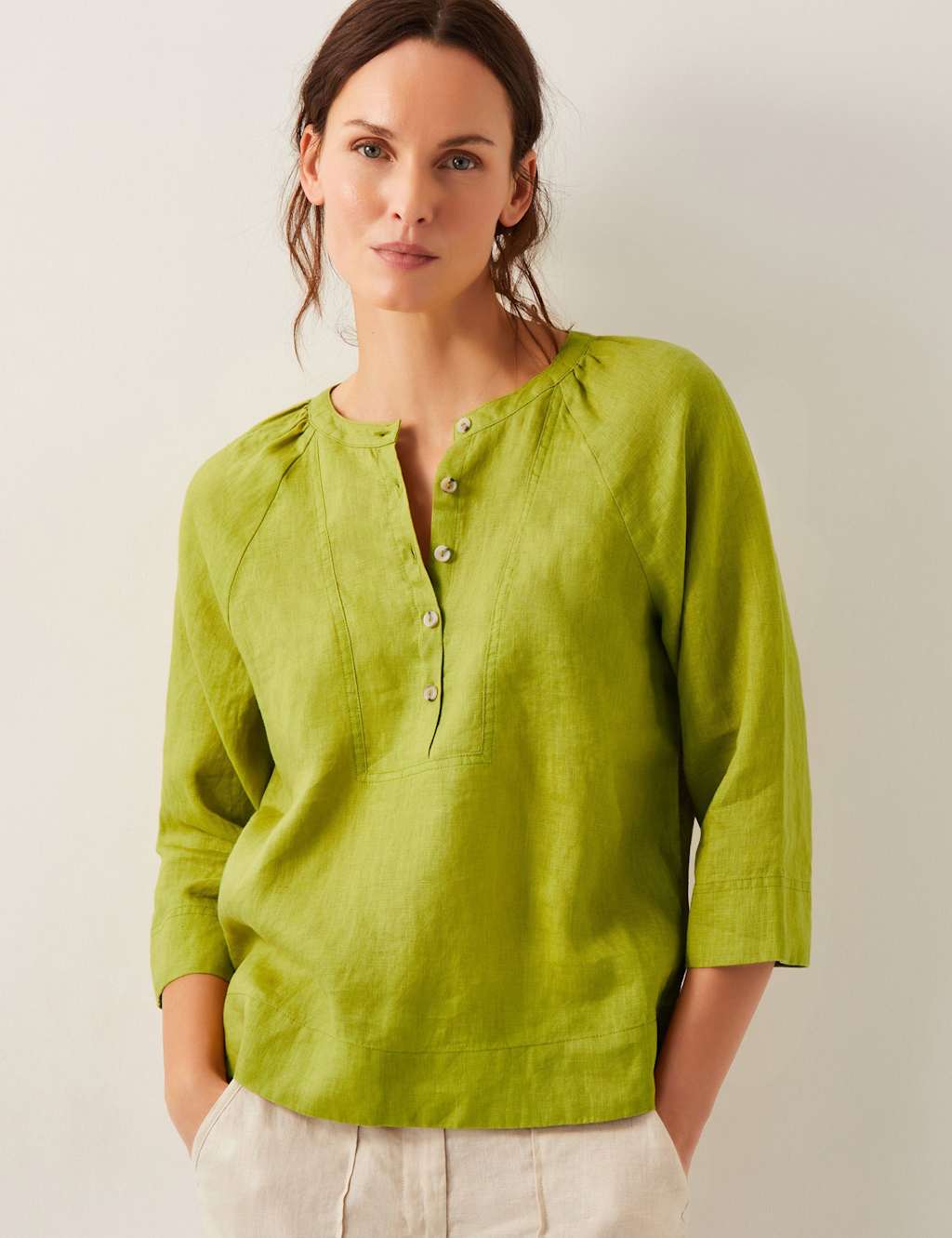 Pure Linen Bib Detail Blouse
