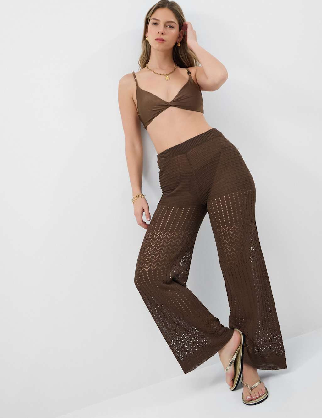 Accessorize Women's Wide Leg Knitted Trousers - Small - Brown - Available at M&S