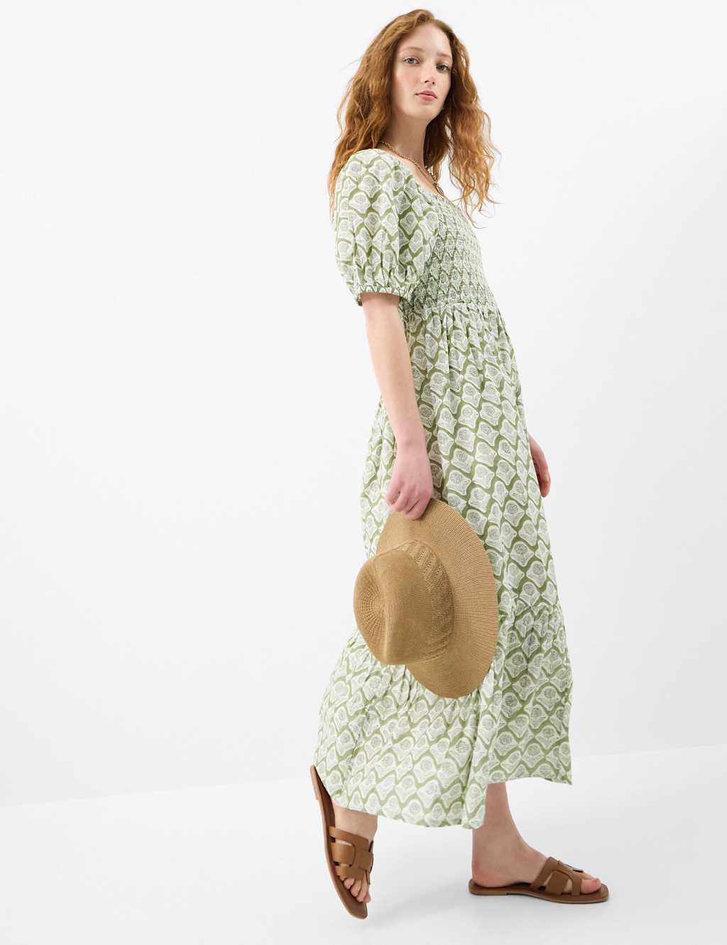 Accessorize Women's Pure Cotton Block Print Midaxi Tiered Dress - Small - Khaki - Available at M&S