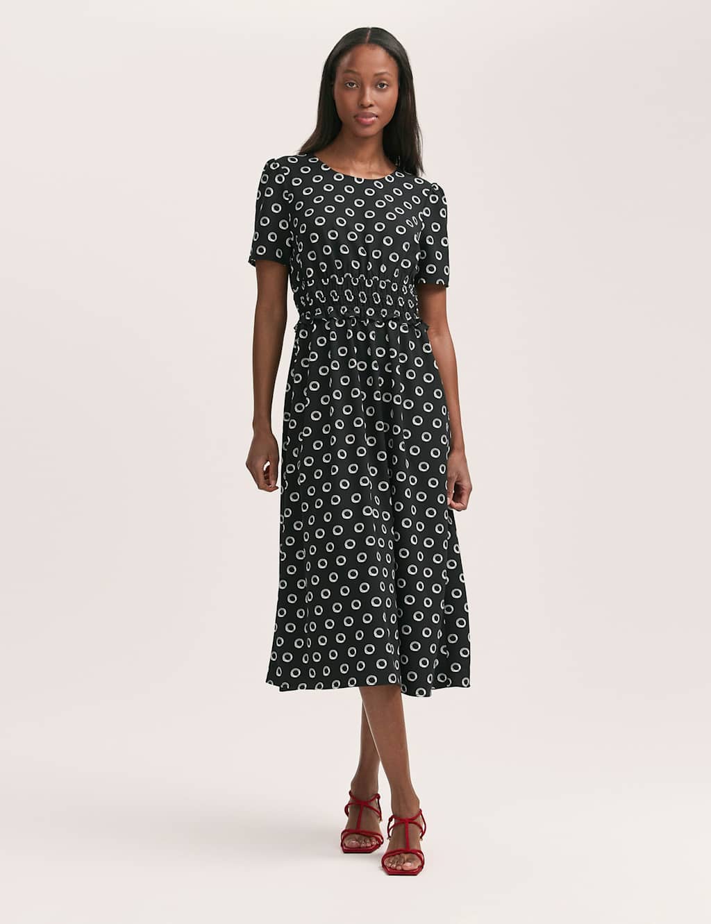 Crepe Polka Dot Midi Waisted Tea Dress