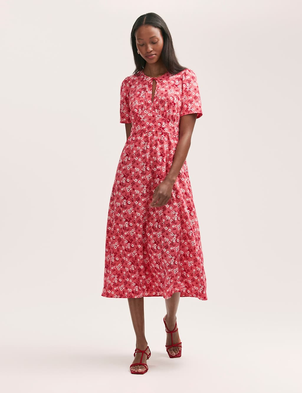 Crepe Floral Tie Neck Midi Tiered Tea Dress