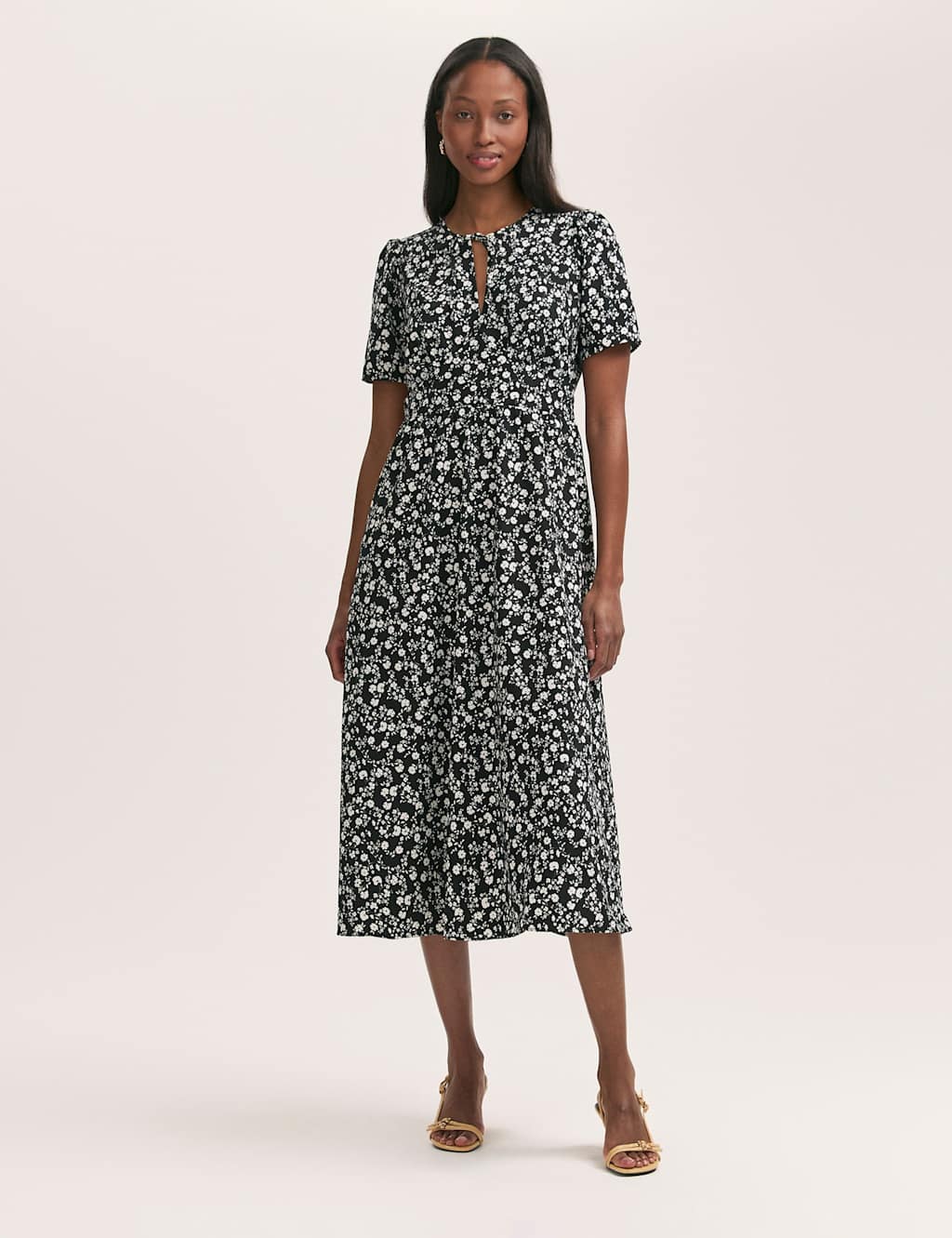 Crepe Floral Tie Neck Midi Tiered Tea Dress