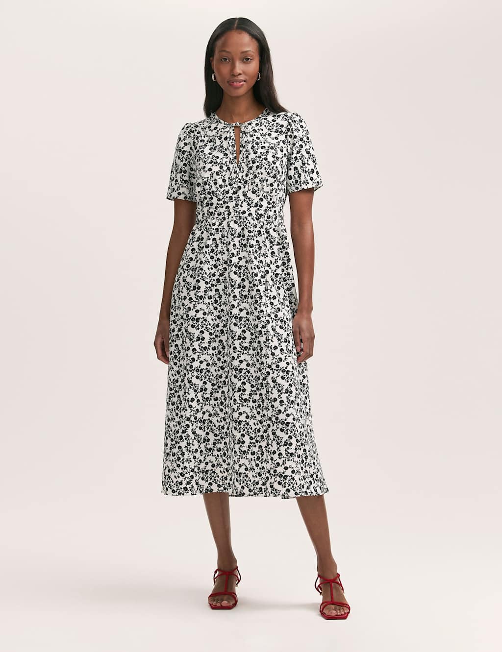 Crepe Floral Tie Neck Midi Tiered Tea Dress