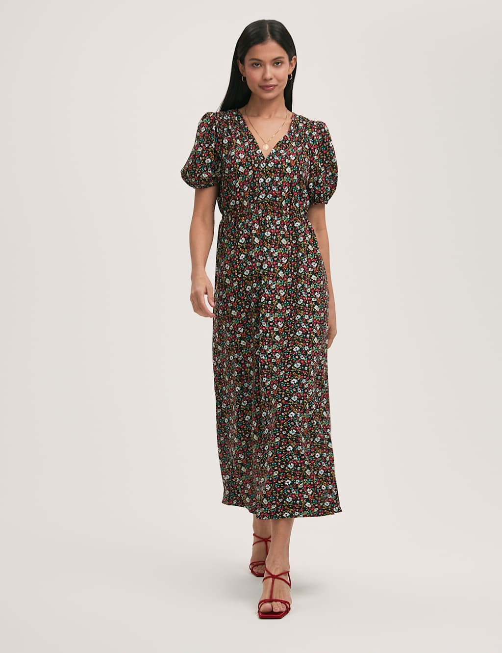 Crepe Ditsy Floral V-Neck Midi Tea Dress