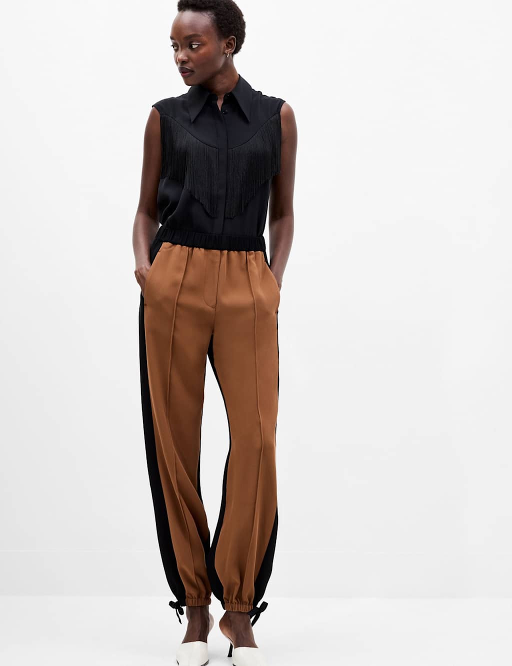 French Connection Twill Contrast Elasticated Waist Trousers Brown Mix