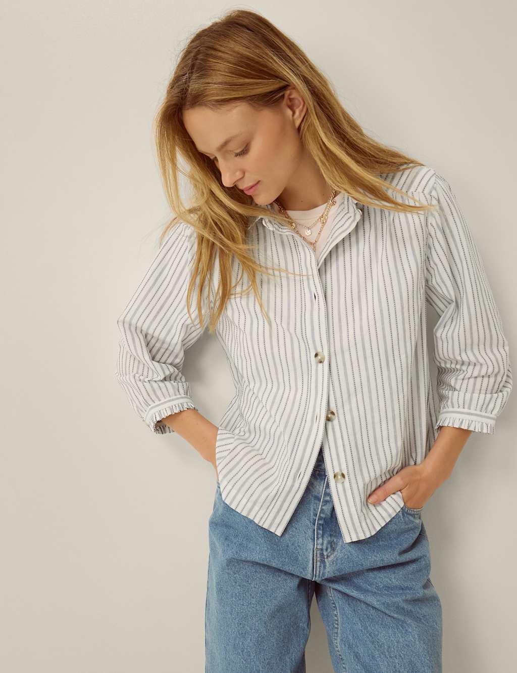 Monsoon Women's Pure Cotton Striped Button Through Blouse - Large - White Mix - Available at M&S