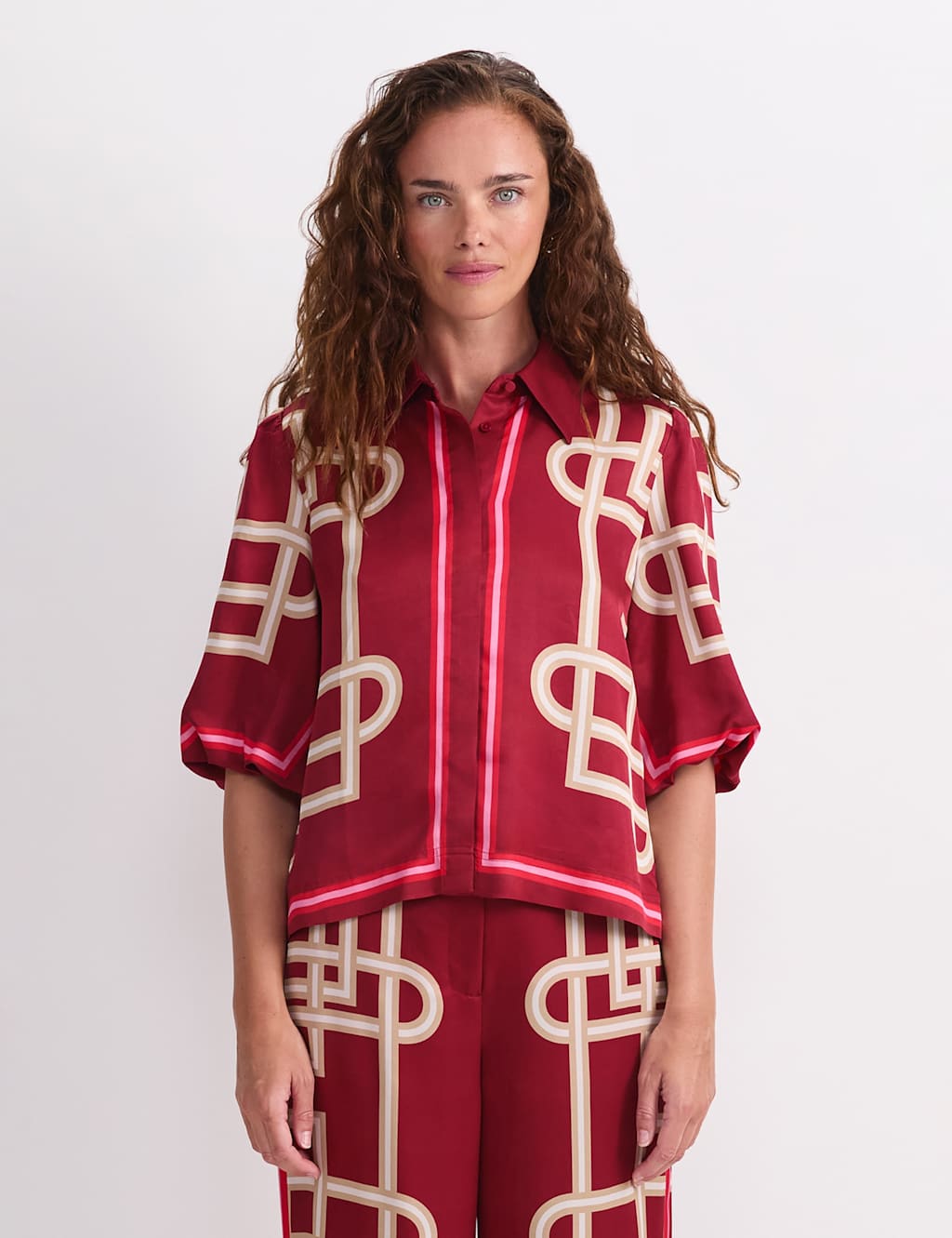 Sportscraft Women's Printed Collared Relaxed Blouse - 10 - Burgundy Mix - Available at M&S