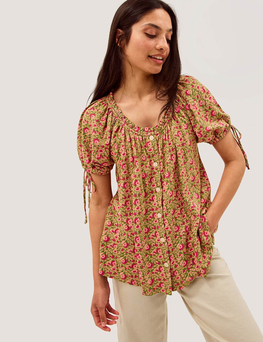 Monsoon Women's Cotton Rich Jersey Printed Puff Sleeve Blouse - Small - Green Mix - Available at M&S