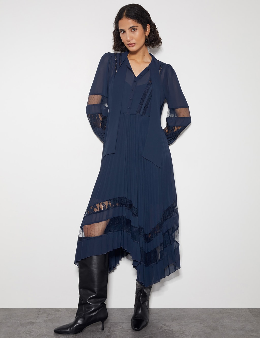 Lace Insert Pleated Midi Shirt Dress