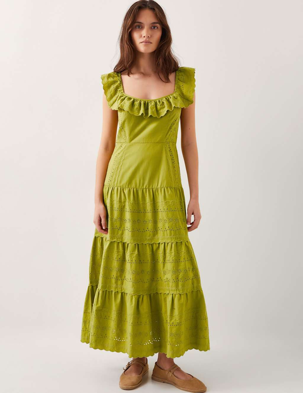 Pure Cotton Broderie Square Neck Tiered Dress