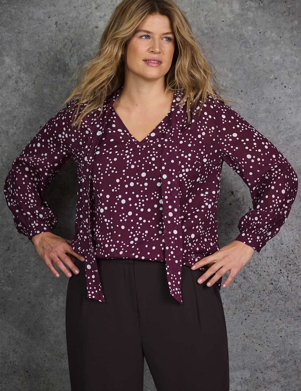 Live Unlimited London Polka Dot V-Neck Tie Detail Blouse Purple Mix