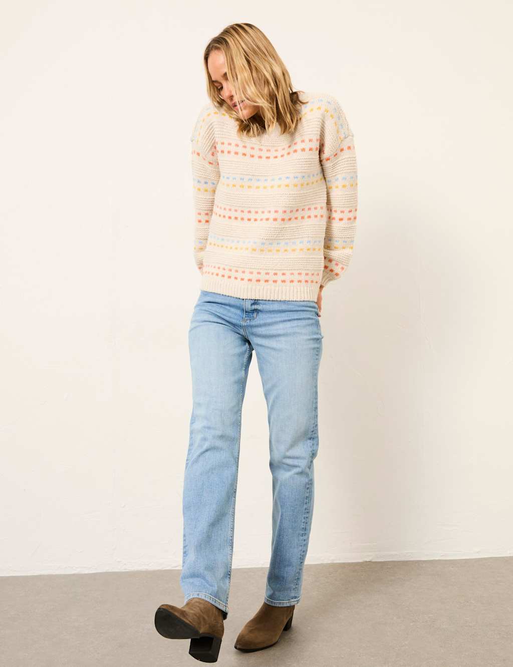 Fatface Women's Cotton Blend Patterned Crew Neck Jumper - 22 - Ivory Mix - Available at M&S