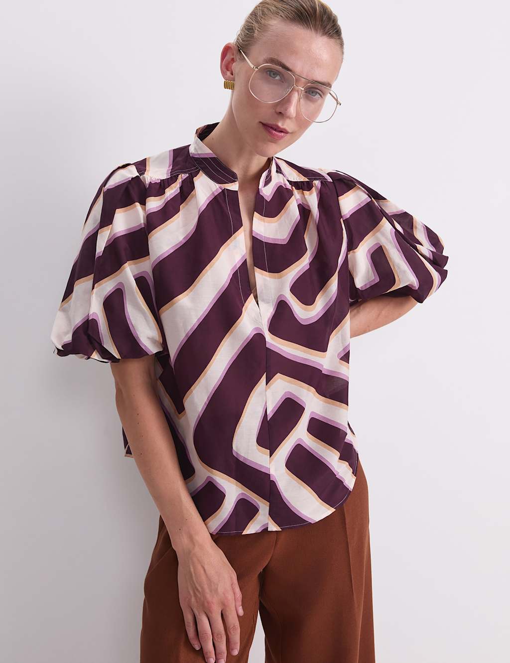 Sportscraft Women's Cotton Rick Colour Block Collared Blouse - 10 - Red Mix - Available at M&S