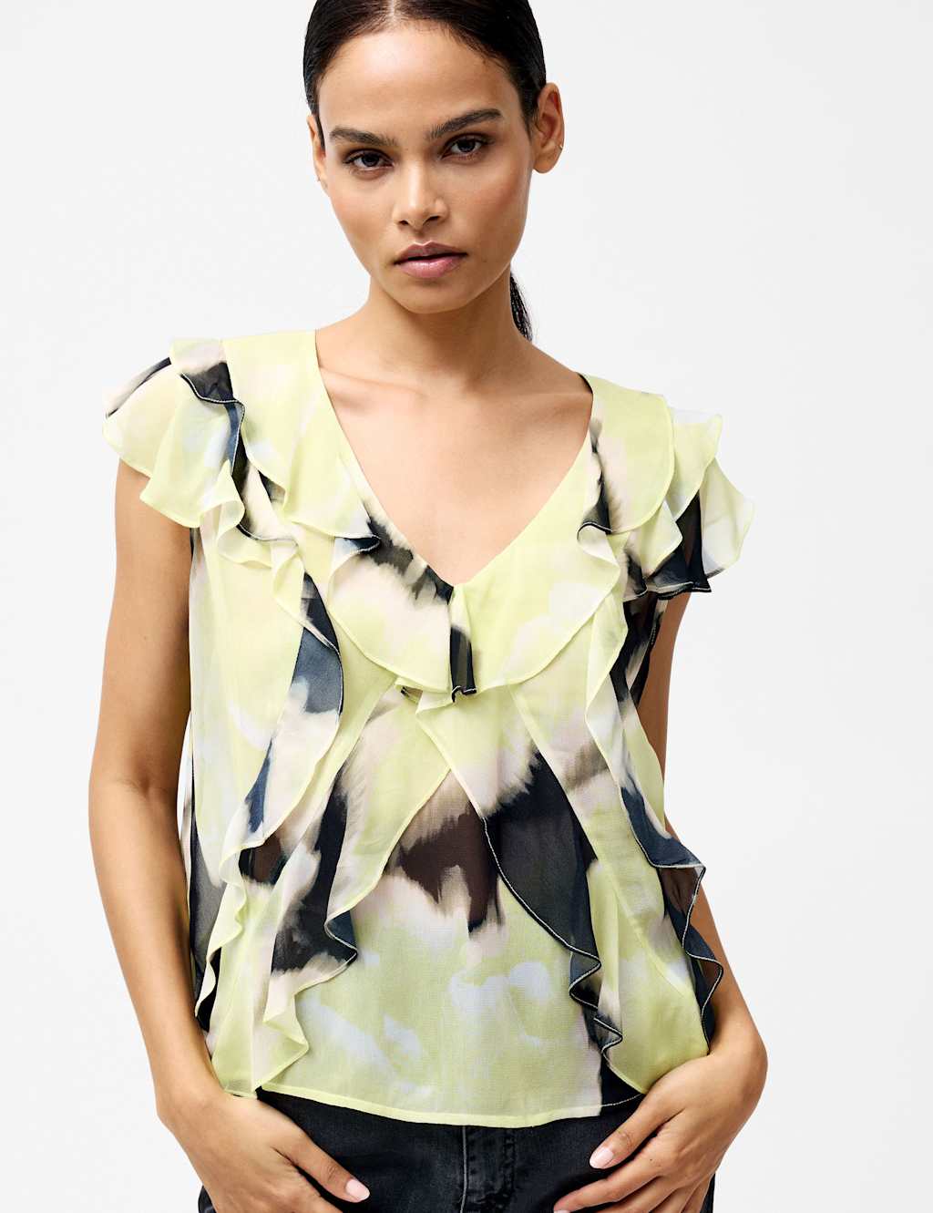 Chiffon Printed V-Neck Ruffle Top