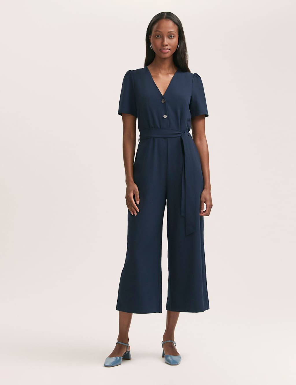 Crepe Button Front Short Sleeve Jumpsuit