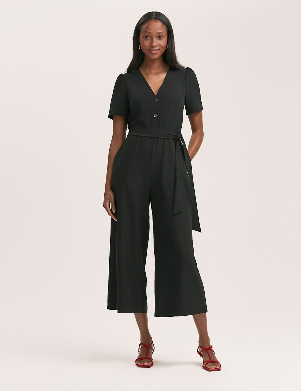 Crepe Button Front Short Sleeve Jumpsuit