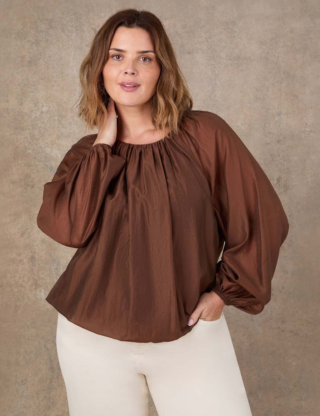 Live Unlimited London Women's Lyocell Rich Blouson Sleeve Popover Blouse - 22 - Dark Brown - Available at M&S