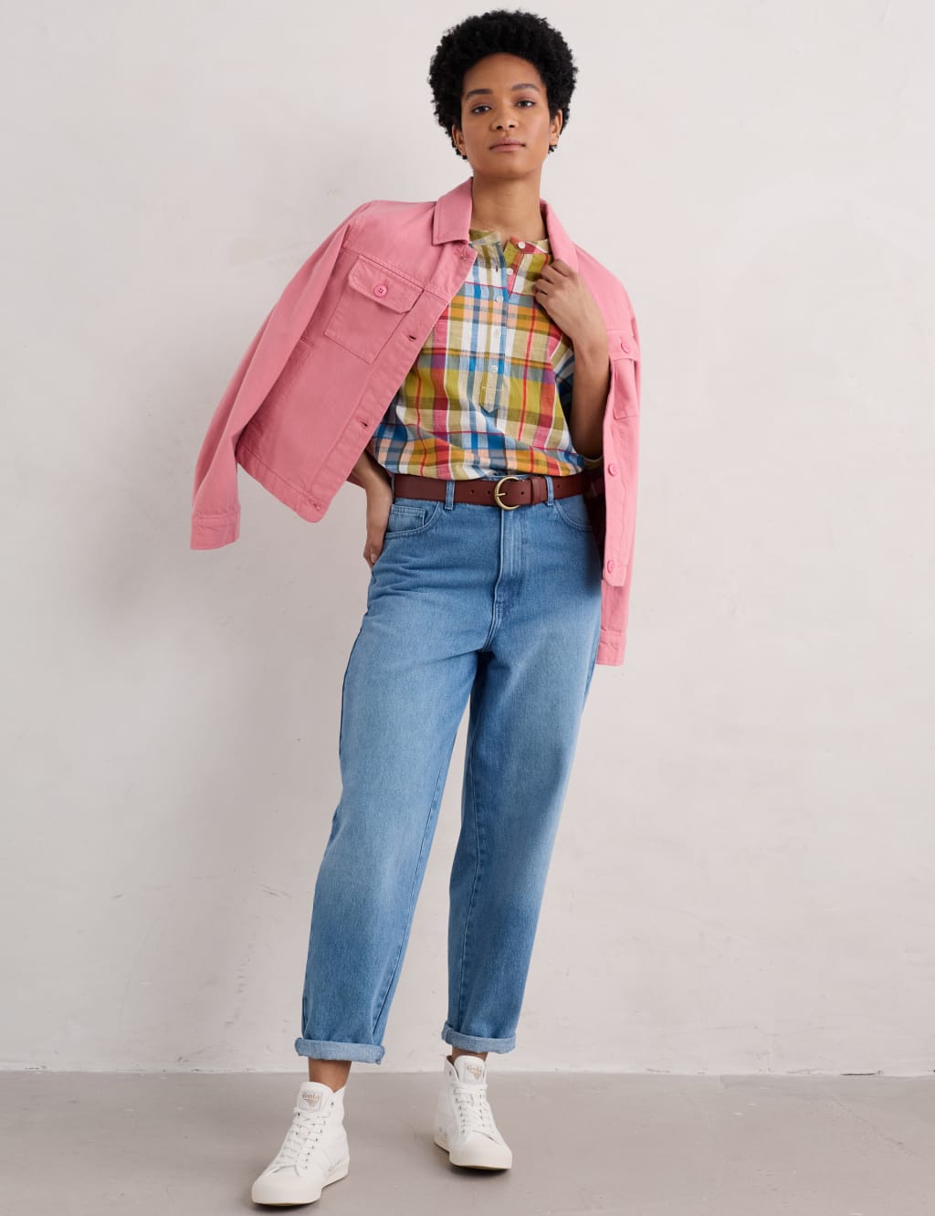 Pure Cotton Checked Collarless Blouse