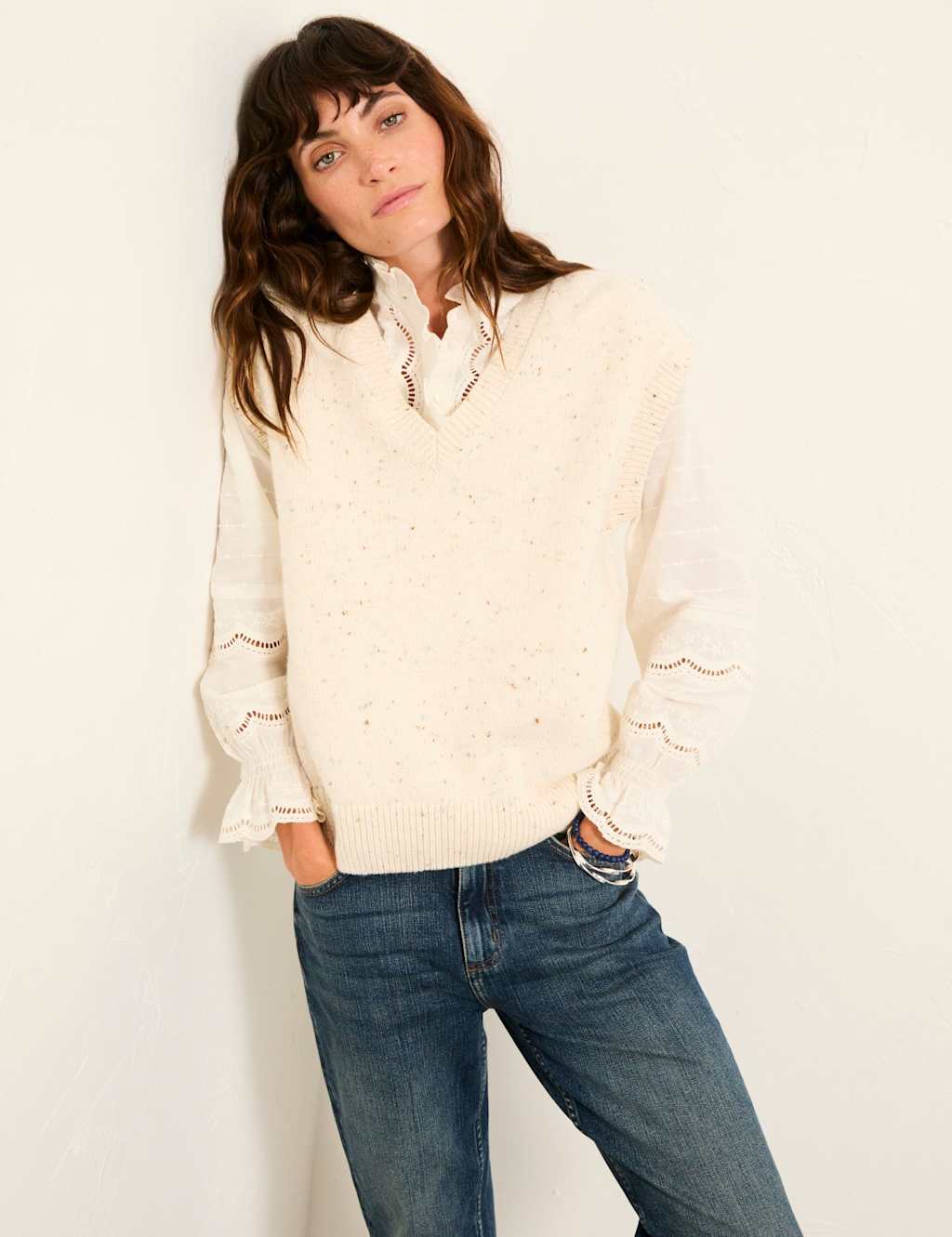 Fatface Women's Cotton Rich Knitted Vest with Wool - Extra Small - Ivory Mix - Available at M&S