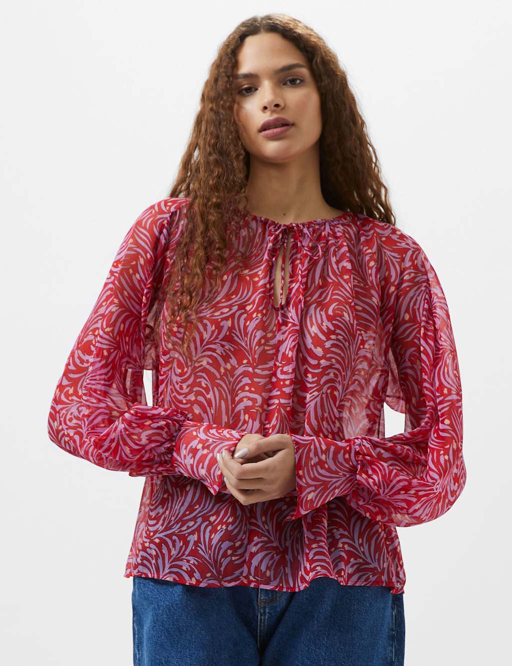 Printed Tie Neck Blouson Sleeve Blouse