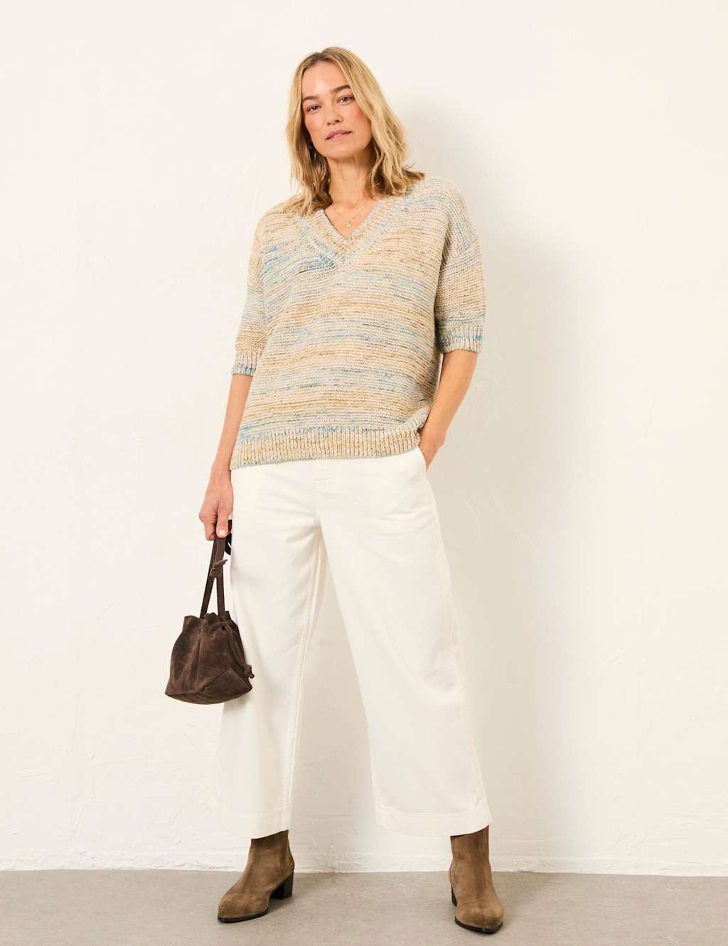 Fatface Women's Cotton Rich Textured V-Neck Jumper - 10 - Natural Mix - Available at M&S