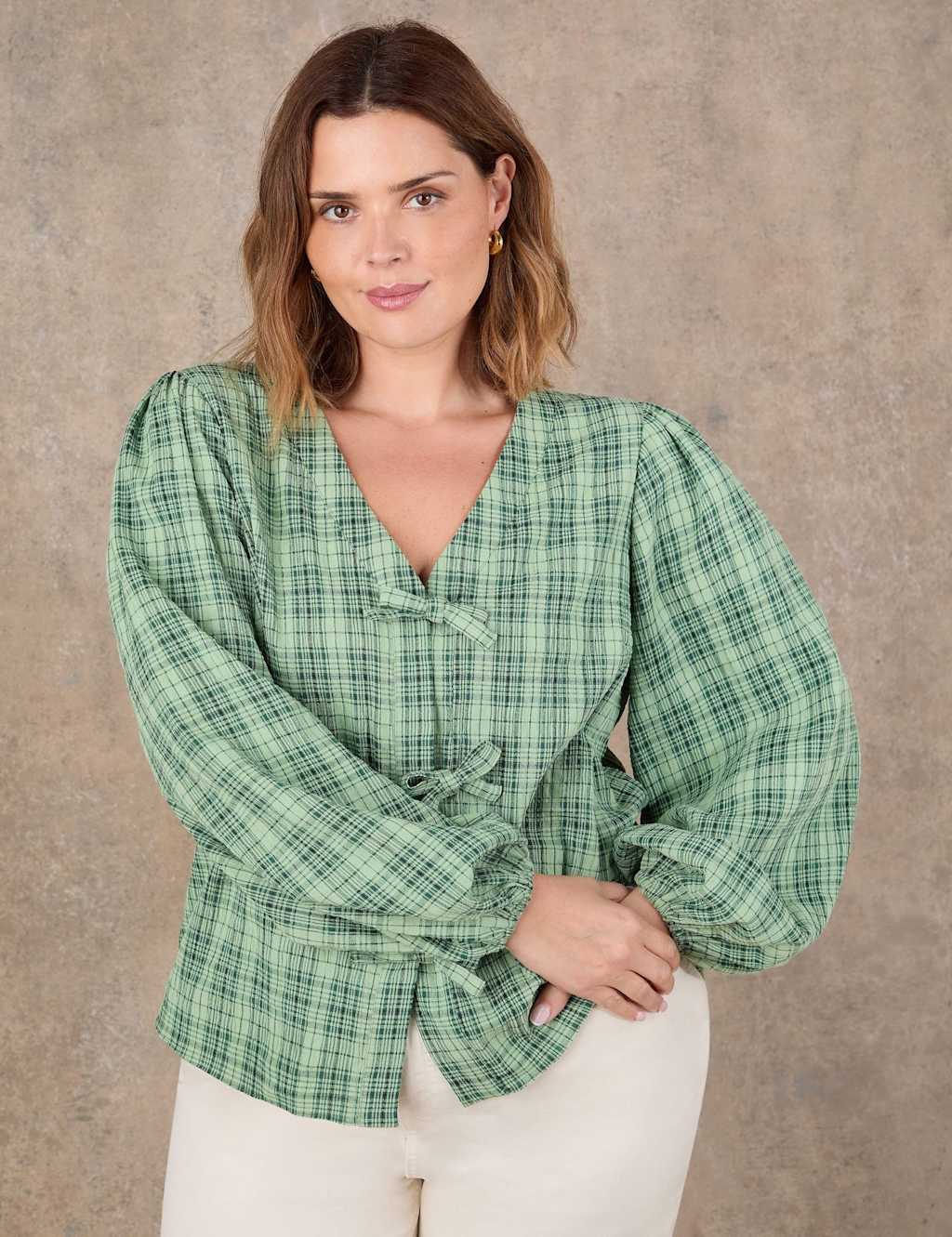 Live Unlimited London Women's Cotton Rich Checked V-Neck Bow Detail Blouse - 22 - Green Mix - Available at M&S