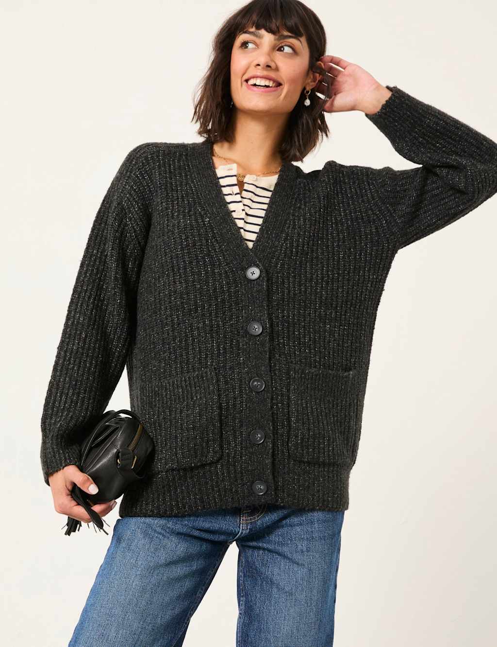FatFace Textured V-Neck Cardigan with Wool Charcoal