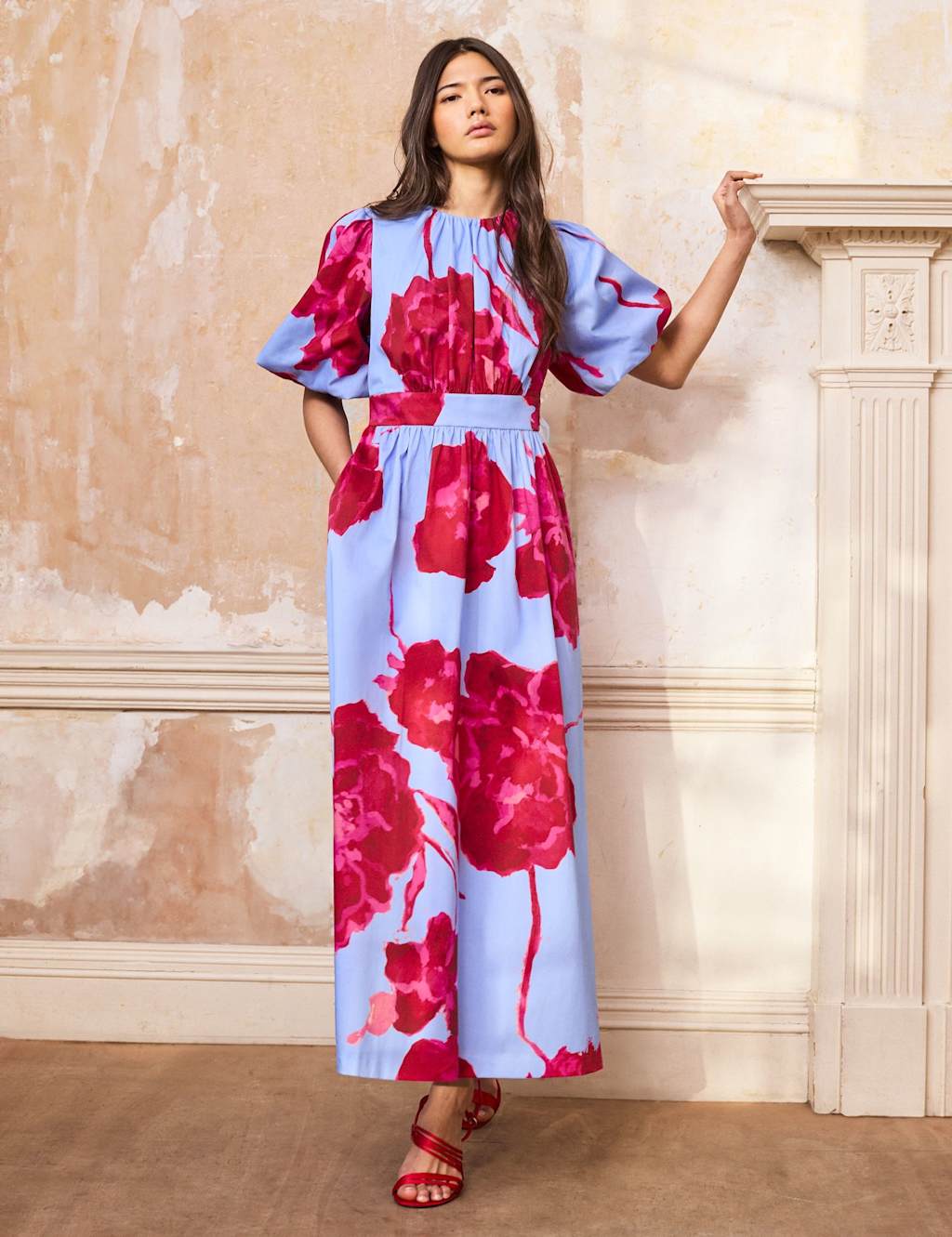 Ro&Zo Women's Cotton Rich Floral Midaxi Waisted Dress - 8 - Light Blue Mix - Available at M&S