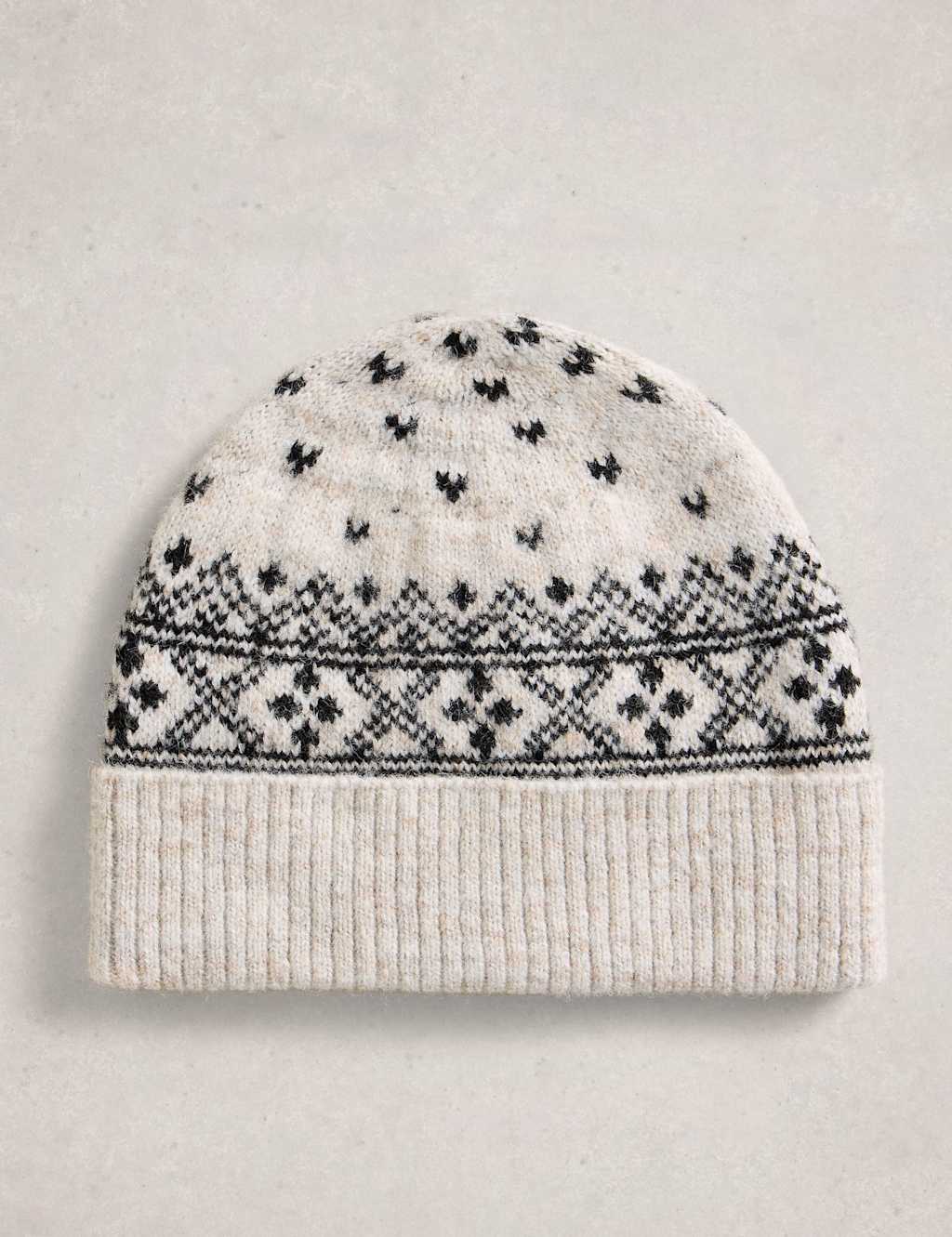 White Stuff Fair Isle Beanie Hat with Wool Natural Mix