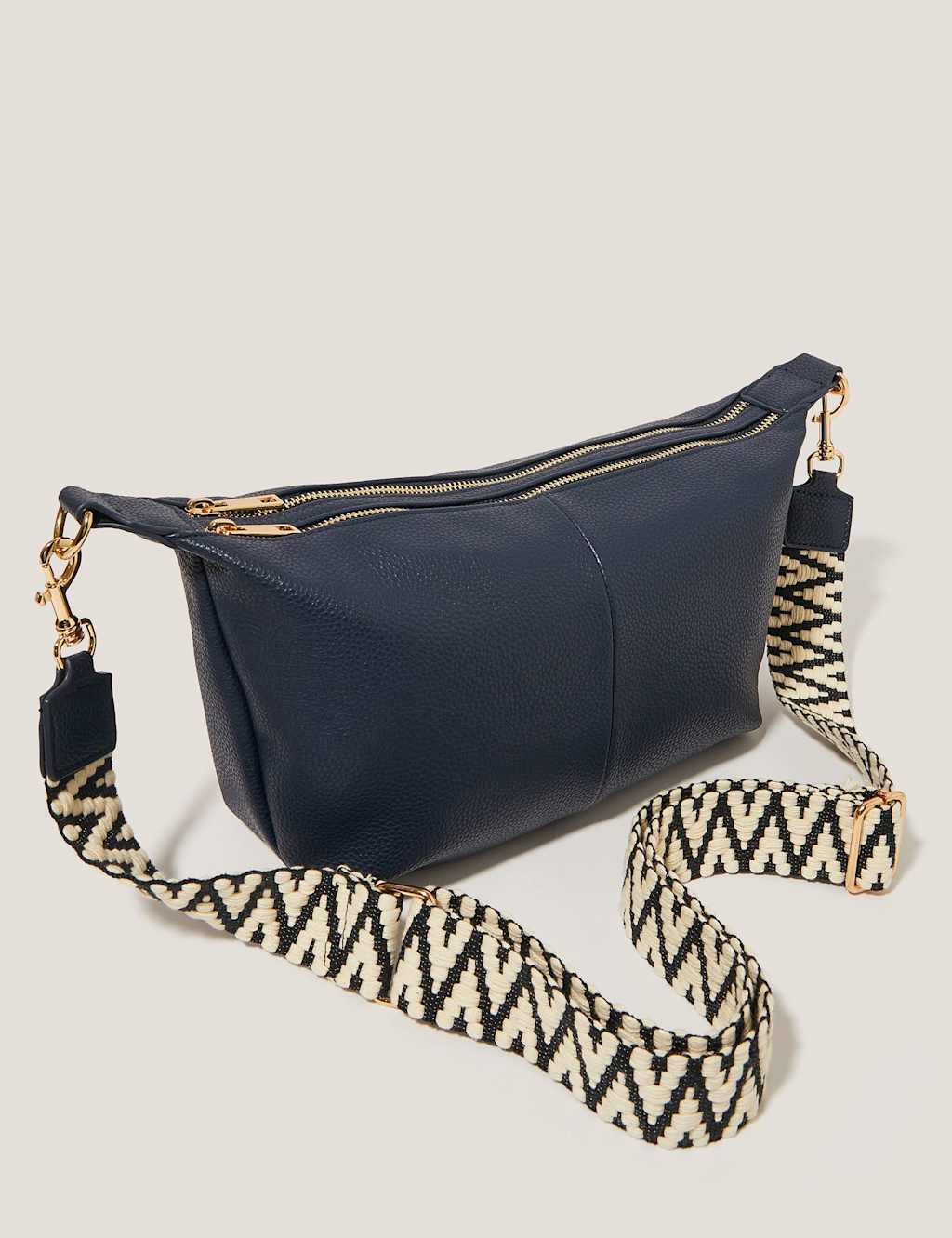 Double Zip Zig-Zag Strap Sling Cross Body Bag