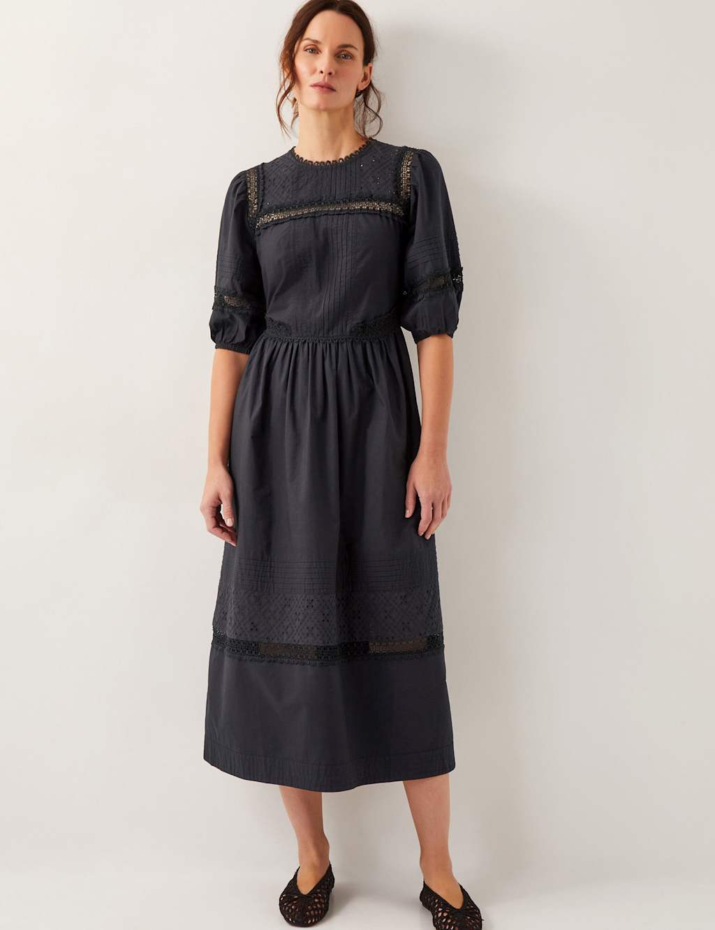 Pure Cotton Broderie Midi Waisted Dress