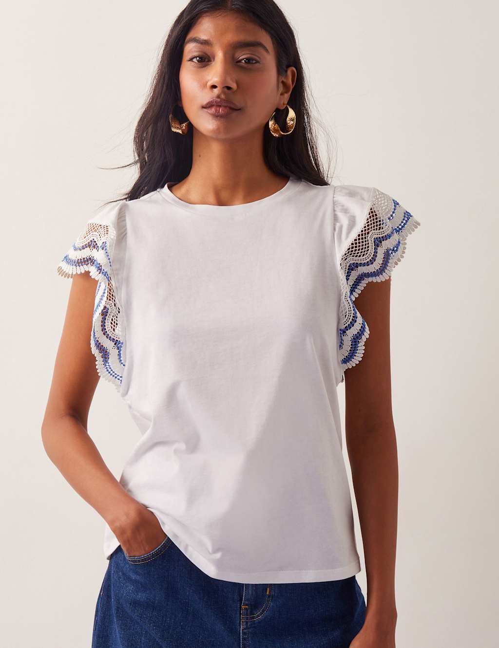 Pure Cotton Embroidered Angel Sleeve Top