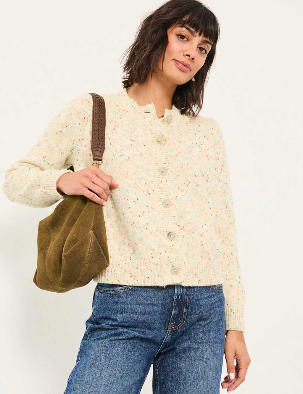 FatFace Textured Crew Neck Cardigan White Mix