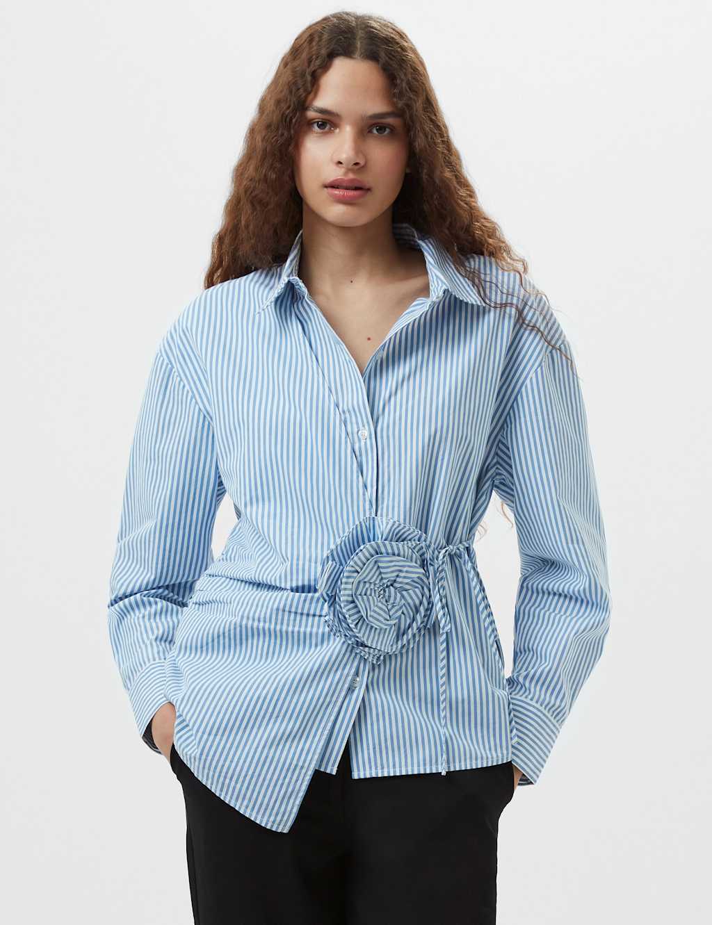 Pure Cotton Striped Corsage Asymmetric Shirt