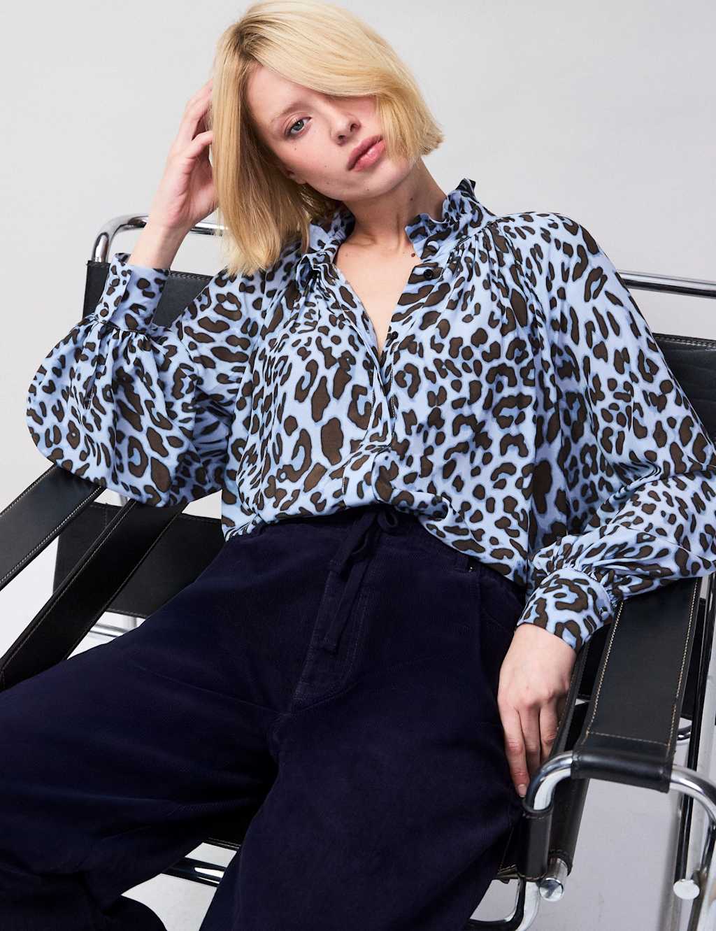 Ro&Zo Women's Leopard Print Round Neck Ruffle Hem Blouse - 14 - Light Blue Mix - Available at M&S