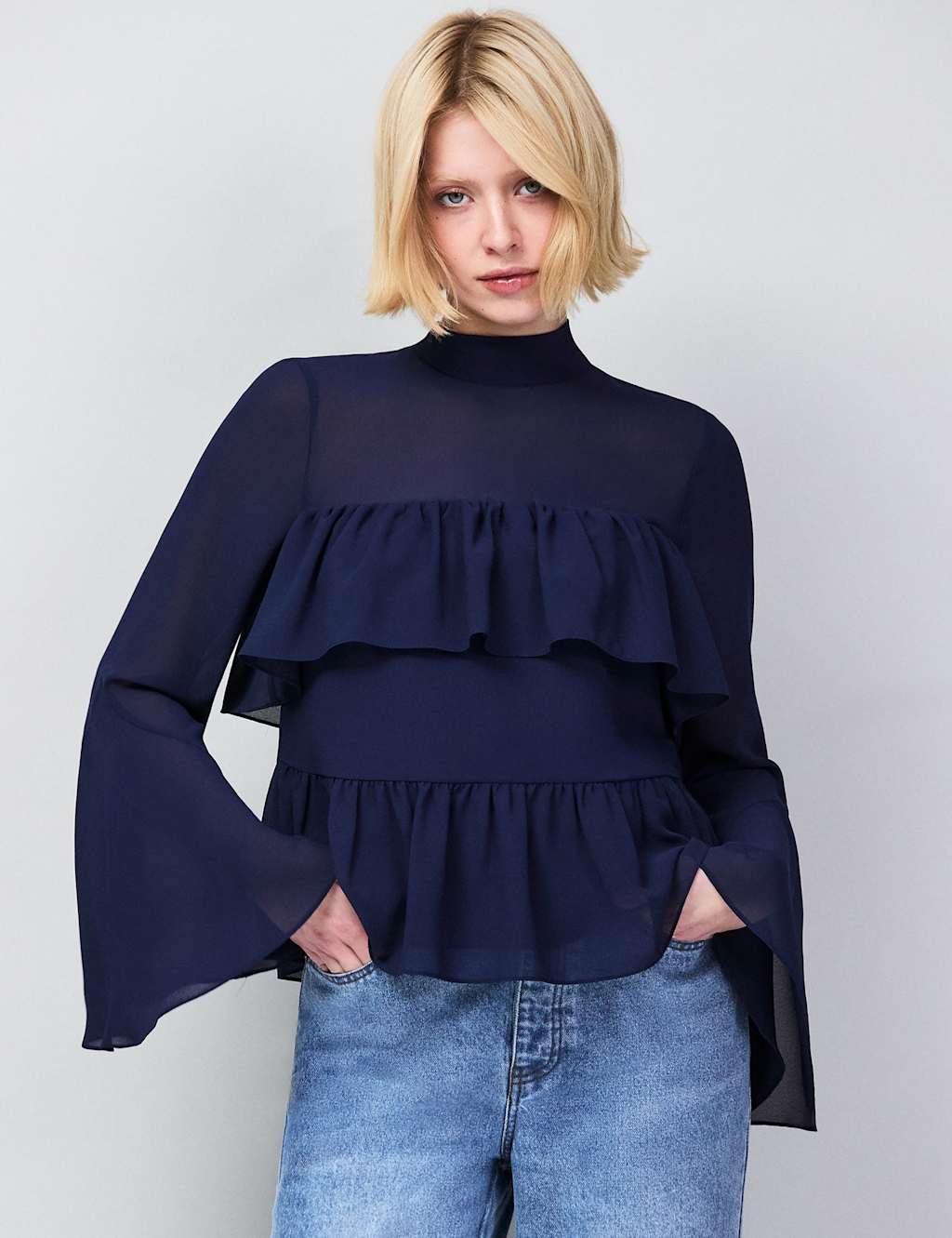 Ro&Zo Women's High Neck Frill Detail Blouse - 14 - Navy - Available at M&S