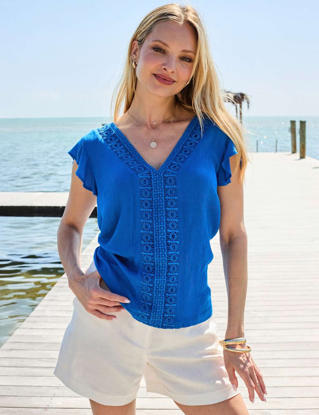Sosandar Women's Crinkle Lace Detail Ruffle Sleeve Top - 14 - Blue - Available at M&S