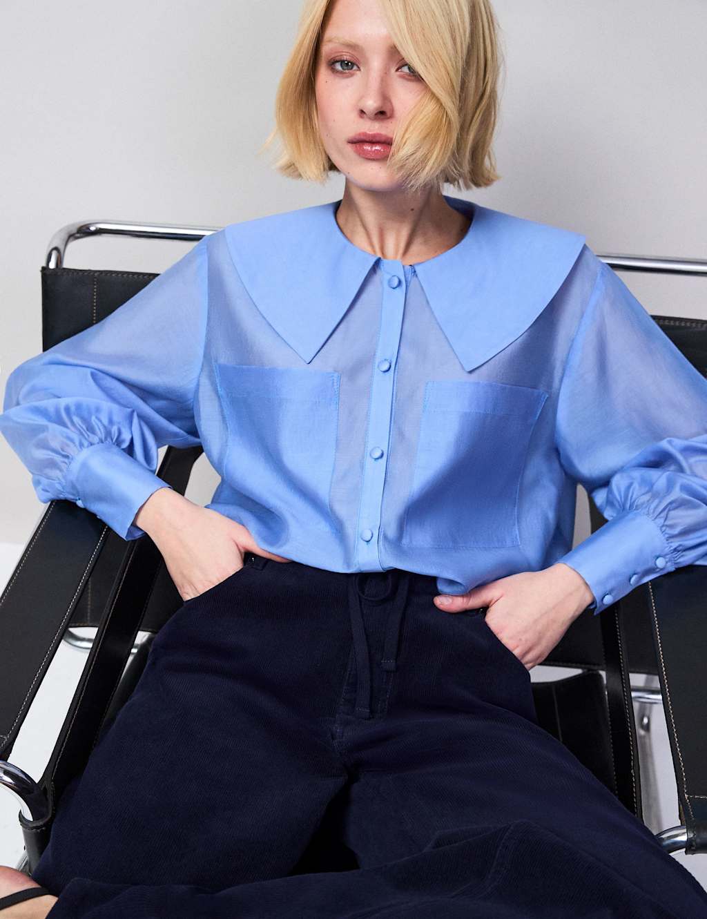 Ro&Zo Women's Sheer Peter Pan Collar Pocket Blouse - 10 - Light Blue - Available at M&S