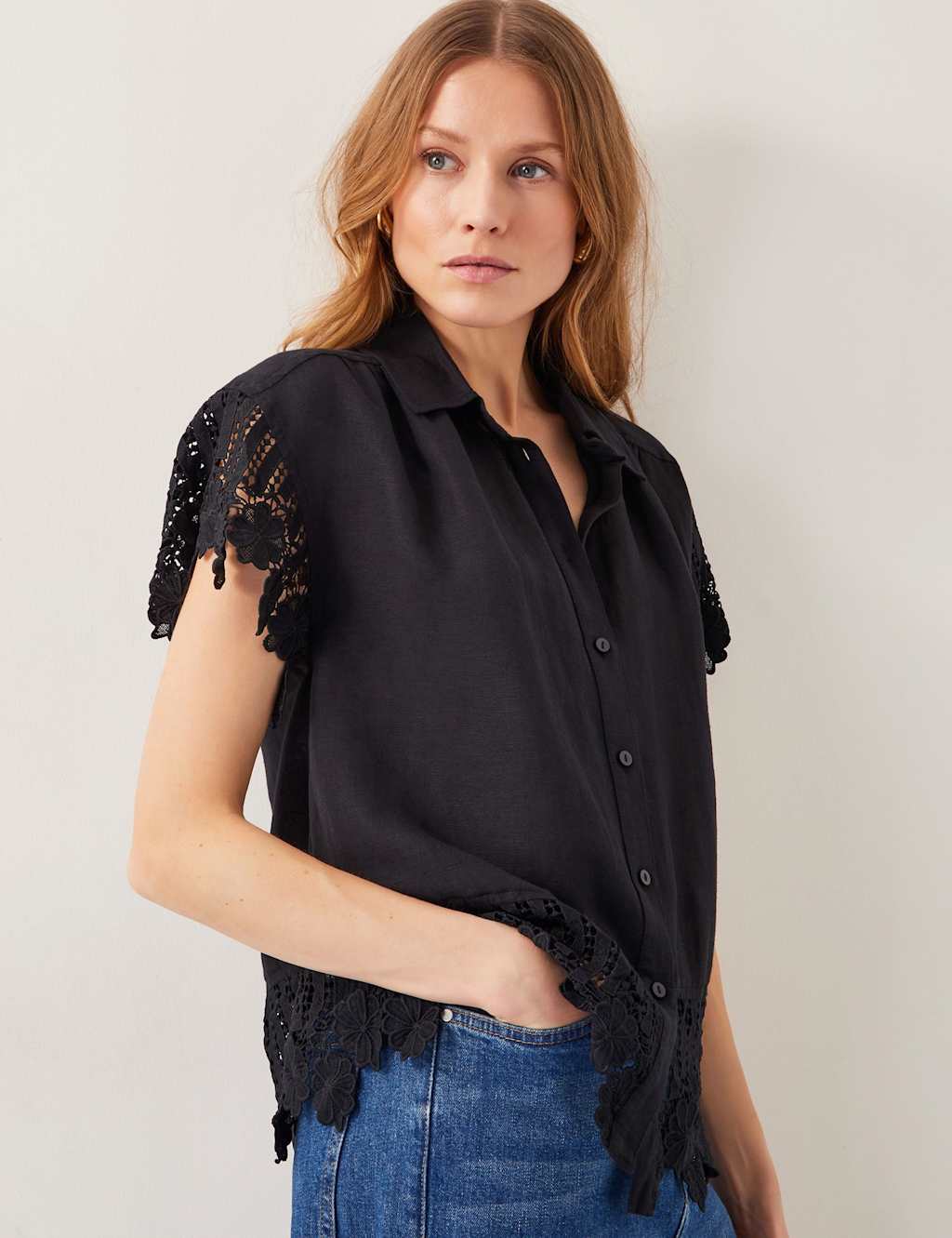 Linen Blend Embroidered Broderie Shirt