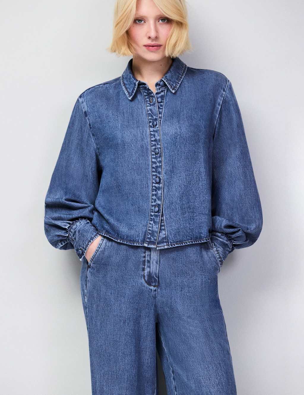 Ro&Zo Women's Lyocell Denim Collared Cropped Shirt - 10 - Blue Denim - Available at M&S