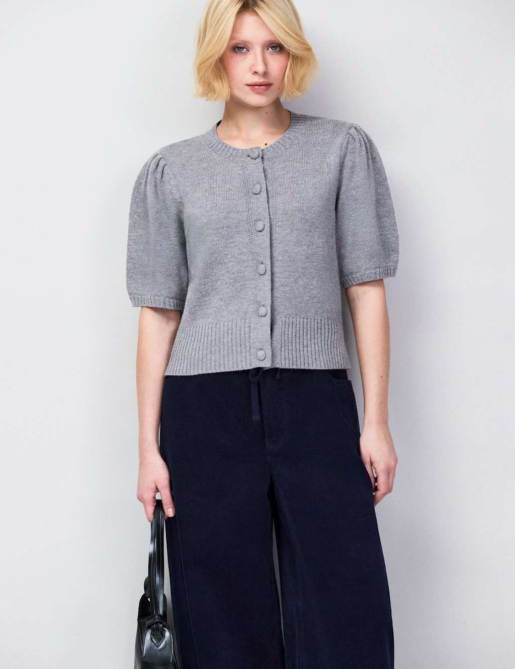 Ro&Zo Women's Wool Blend Textured Crew Neck Cardigan - Extra Small - Grey - Available at M&S