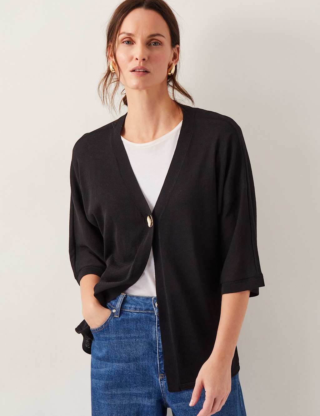 Monsoon Women's V-Neck Single Button Cardigan With Linen - Black, Black